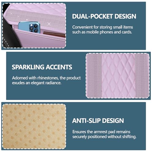 Bling Leather Car Center Console Cover, 12.2"×7.48" Crystal Rhinestone Automotive Arm Rest Cover with Side Pockets, Universal Vehicle Armrest Protector, Interior Car Accessories (Pink Leather) - color: Pink Leather
