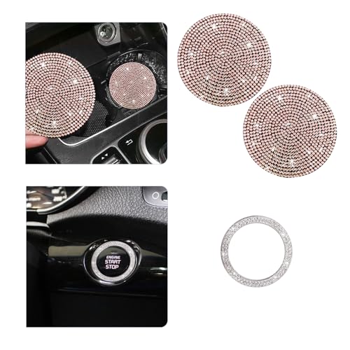 Ziciner 2 Pack Bling Car Cup Holder Coaster, Anti-Slip Auto Insert Coaster with Start Stop Button Cover, Universal Shiny Crystal Vehicle Interior Accessories for Women and Girls (Golden) - color: Golden, size: 2 Coaster+Start Button Cover