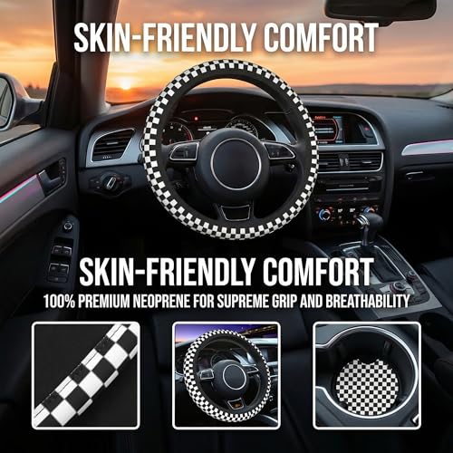 Checkered Steering Wheel Cover Checkered Black and White Steering Wheel Cover Checkereds Anti-Slip Breathable Universal for 14-15 Inch Car with 2 Pieces Car Coasters for Men Women - color: Checkered-Black and White