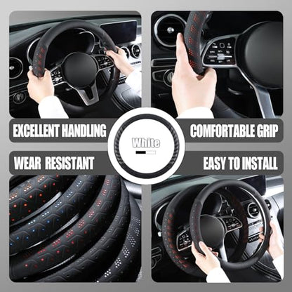 3D Premium Skin-Feel Leather Small Car Steering Wheel Cover, Anti-Slip Breathable Soft Slim Design, 13.5 inch to 14 inch, Black with White - color: Black with White, size: Round-Small[13.5''-14'']