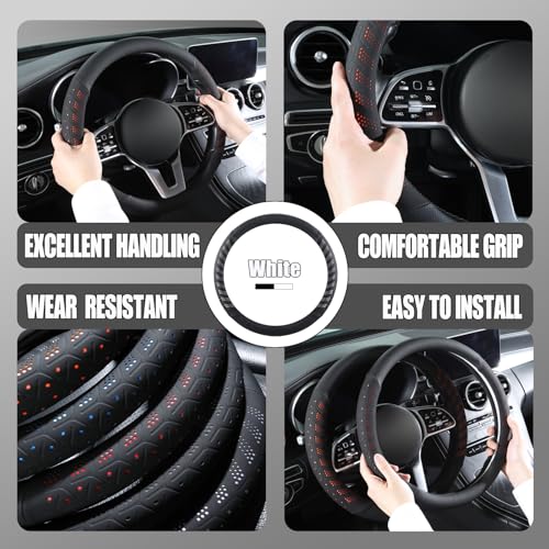 3D Premium Skin-Feel Leather Large Steering Wheel Cover, Anti-Slip Breathable Soft Slim Design, 15.5 inch to 16 inch, Black with White - color: Black with White, size: Round-Large[15.5''-16'']