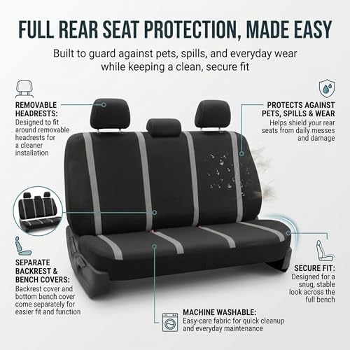 FH Group Car Seat Covers Unique Flat Cloth Full Set Automotive Seat Covers Front Set and Rear Solid Bench Gray Black Seat Covers w. Gift Universal Fit Interior Accessories for Cars Trucks and SUVs - color: Gray