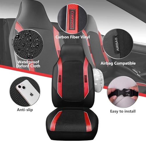 CAR PASS Sporty High Back 3D Oxford Waterproof Car Seat Cover Two Front, Universal Carbon Fiber Leather Bucket Seat Cover All Weather, Airbag Compatible Fit Sports Car SUV Sedan Truck Black Red - color: Black Red