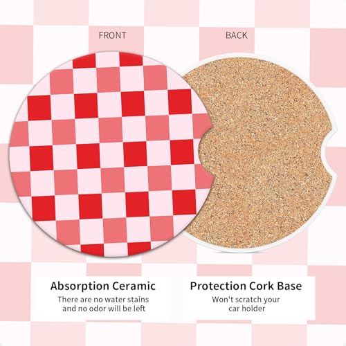 2 Pack Universal Ceramic Car Coasters，Ceramic Stone with A Finger Notch for Easy Removal of Car Cup Holder Coaster(Pink Plaid) - color: Pink Plaid
