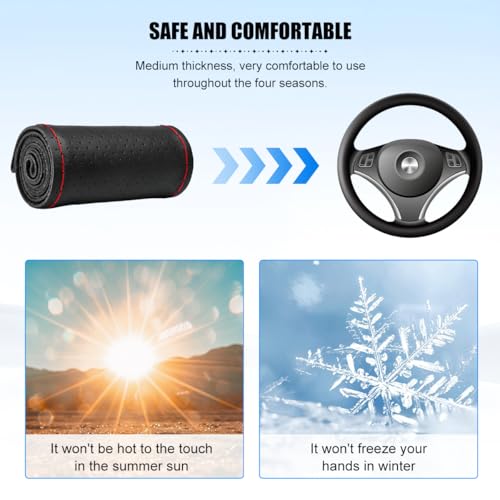 Genuine Leather Car Steering Wheel Cover, DIY Sewing Stitch on Wrap Auto Wheel Cover with Needle Thread, Breathable Anti-Slip Vehicle Steering Stitching Protector, Universal Fit (Black/Red) - color: Black/Red