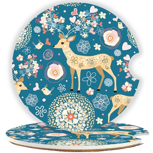 Car Cup Holder Coaster Set of 2, 2.56 in Ceramic Coasters, Scratch-Resistant Cork Backing, Finger Groove Design for Easy Placement, Cute Car Accessories Interior for Women (Blue Fawn) - color: Blue Fawn
