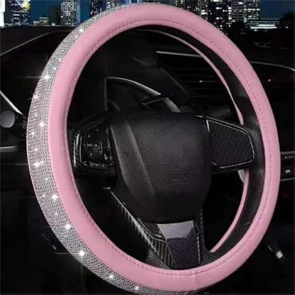 Steering Wheel Cover Women Pink Bling Diamond Steering Wheel Cover, Leather Cute Steering Wheel Covers with Crystal Rhinestones, Breathable, Anti-Slip Universal Fit 14.5-15 Inch Bling Car Accessories - color: White Pink
