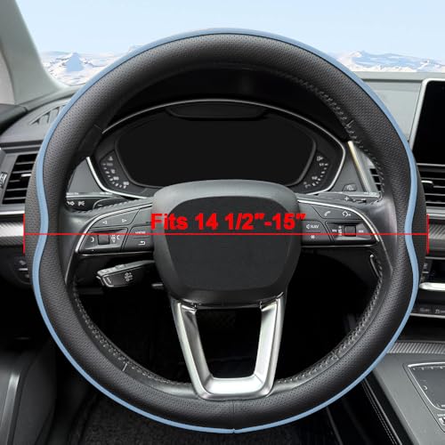Leather Steering Wheel Cover， with Anti-Slip Stripe Design - Enhanced Grip, Fashion Style, Safe, Non-Slip, Breathable. Upgrade car Interior，Black Blue - color: Black Blue