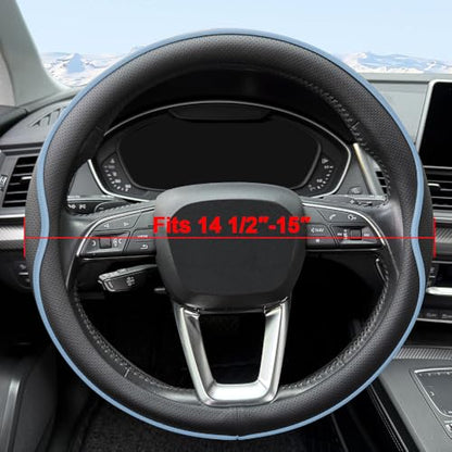 Leather Steering Wheel Cover， with Anti-Slip Stripe Design - Enhanced Grip, Fashion Style, Safe, Non-Slip, Breathable. Upgrade car Interior，Black Blue - color: Black Blue
