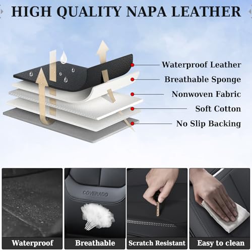Coverado Universal Seat Covers Front, 2-Pack Universal Seat Covers for Cars, Waterproof Nappa Leather Car Seat Covers with Head Pillow, Auto Protectors Fit for Most Sedans SUV Pick-up Truck-Black