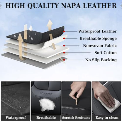 Coverado Universal Seat Covers Front, 2-Pack Universal Seat Covers for Cars, Waterproof Nappa Leather Car Seat Covers with Head Pillow, Auto Protectors Fit for Most Sedans SUV Pick-up Truck-Black