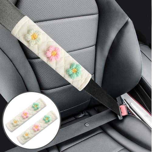 Soft Auto Seat Belt Cover Seatbelt Shoulder Pad Cushions 2 PCS for a More Comfortable Driving Universal Fit for All Cars and Backpack Off-White Knitted Flower (Green & Pink)