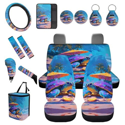 Forchrinse 15Pcs Hawaiian Sea Turtle Car Seat Cover Set with Steering Wheel Cover Armrest Shoulder Pads Handbrake Gear Cover Garbage Can Universal Women Auto Interior Accessories - color: Hawaiian Sea Turtle