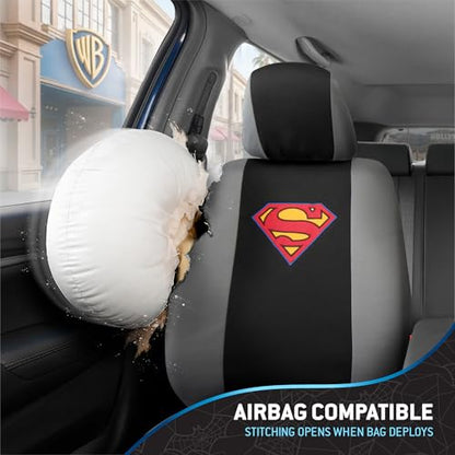 BDK Warner Brothers DC Superman Front & Rear Car Seat Covers Full Set - Easy to Install Durable & Polyester Car Seat Cover - All Vehicles Airbag Compatible Universal Car Accessories (Black & Gray) - size: Full Set, style: Superman