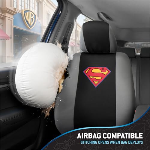 BDK Warner Brothers DC Superman Front & Rear Car Seat Covers Full Set - Easy to Install Durable & Polyester Car Seat Cover - All Vehicles Airbag Compatible Universal Car Accessories (Black & Gray) - size: Full Set, style: Superman