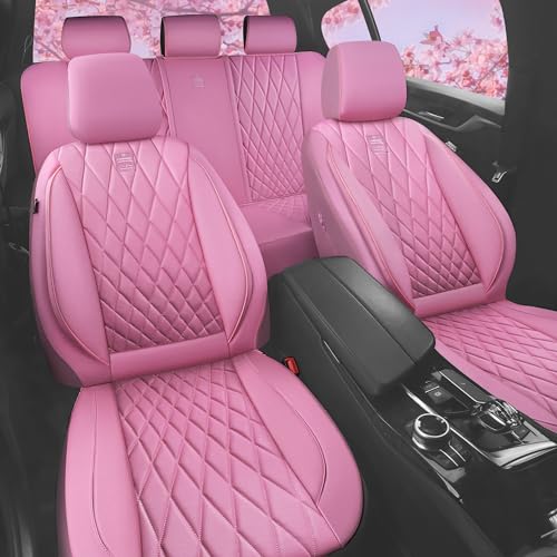 CAR PASS 5 Seats Piping Luxury Leather Seat Covers Full Set, Anti-Slip Waterproof Seat Covers Compatible with Front Armrests, Universal Fit for Suvs,Vans,Trucks,Airbag Compatible, Pure Pink - color: Pink, size: Full Set