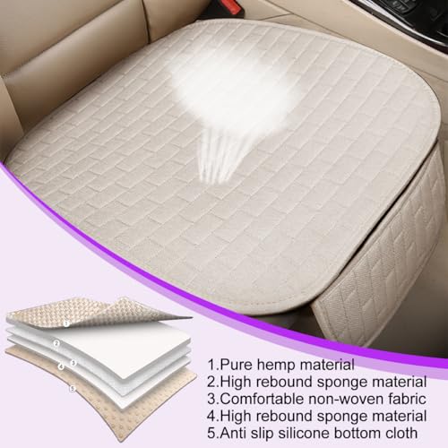 Car Front Bottom Seat Cover, 2PCS Anti Slip Comfortable Vehicle Front Cushion Protector with Storage Pocket, Breathable Linen Frontseat Pad Mat, Universal Automotive Accessories (Beige)