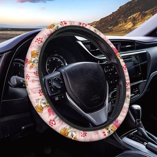 GLENLCWE Corgi Dog Love Steering Wheel Cover 15 Inch Stretch-On Steering Wheel Wrap Auto Interior Steering Accessories - color: Corgi Dog Love