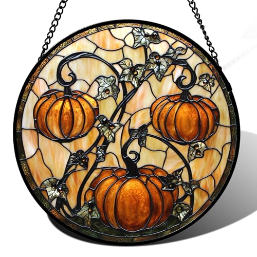 DASTOLL Stained Glass Window Hanging - Halloween Decoration Orange Pumpkin Vine Leaves Suncatcher for Door Garden Spooky Sun Catchers Gothic Decor Horror Gifts for Women Men Friend Boy Girl 11.8 in - color: Orange, size: 11.8x11.8 IN