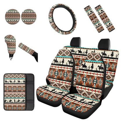 Dreaweet Aztec Car Seat Covers Full Set Western Cowboy Pattern Car Accessories for Men,Universal Steering Wheel Cover/Center Console Cover/Seatbelt Covers/Coasters/Gear Shift Cover and Handbrake Cover - color: Aztec Cowboy