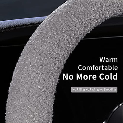 Furry Winter Car Steering Wheel Cover for Women, Soft Fleece Plush Warm Universal Auto Accessories for Jeep, Truck, Van, F150, Fuzzy, Anti Slip, Gray, Large Size, 15.2-16in