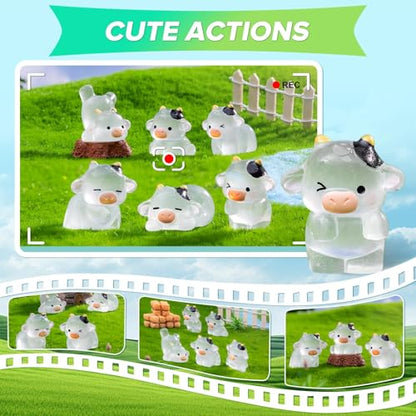 6Pcs Cute Luminous Cow Car Dashboard Decor Set- Cars Rearview Mirror/Dashboard/Touchscreen Top Funny Adorable Auto Rear View Mini Cows Ornament (Clear White)