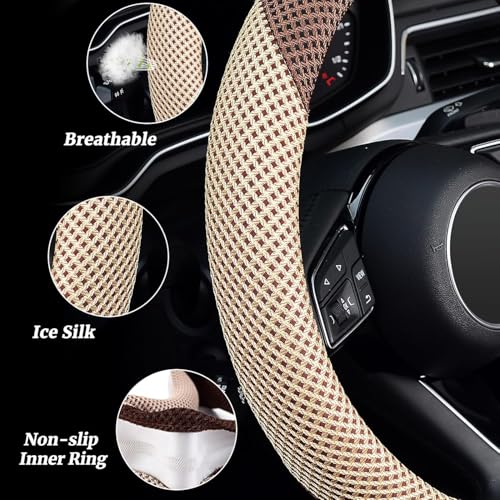 ZHOL Steering Wheel Cover Universal 15 inch Microfiber Breathable Ice Silk Steering Wheel Covers Anti-Slip Car Interior Accessories for Women Men, Warm in Winter and Cool in Summer, Beige&Brown - color: Brown Beige