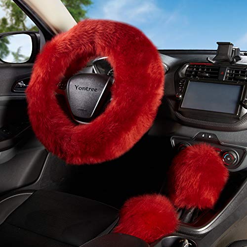 Yontree Fashion Fluffy Steering Wheel Covers for Women/Girls/Ladies/Men Australia Pure Wool Universal 15 Inch 1 Set 3 Pcs Long Wool Burgundy - color: Burgundy, size: Long Wool