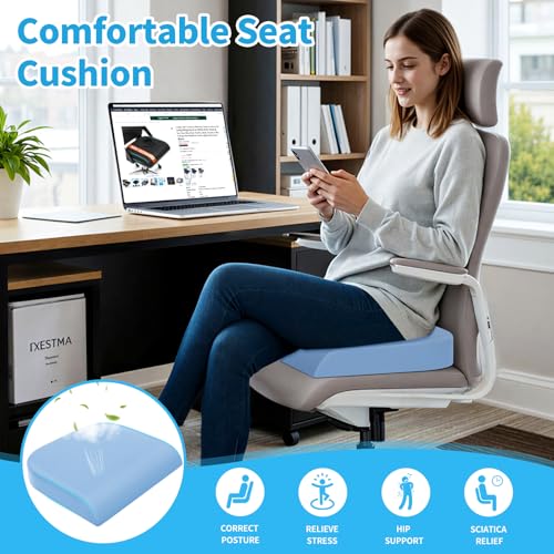 XLarge Seat Cushion, Memory Foam Cushion for Long Sitting Hours on Office Chair, Home & Car, Non-Slip Chair Pad for Relieving Back & Sciatica & Hip & Coccyx Pain (Light Blue)