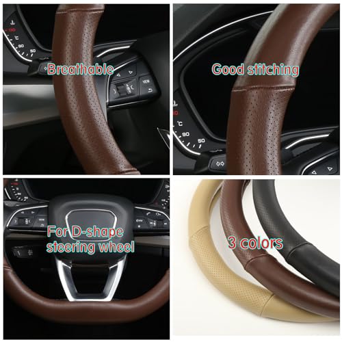 D Shaped Steering Wheel Cover, Genuine Leather Flat Bottom Stearing Wheel Cover Luxury Car Accessories 14 1/2-15 inch (Brown)