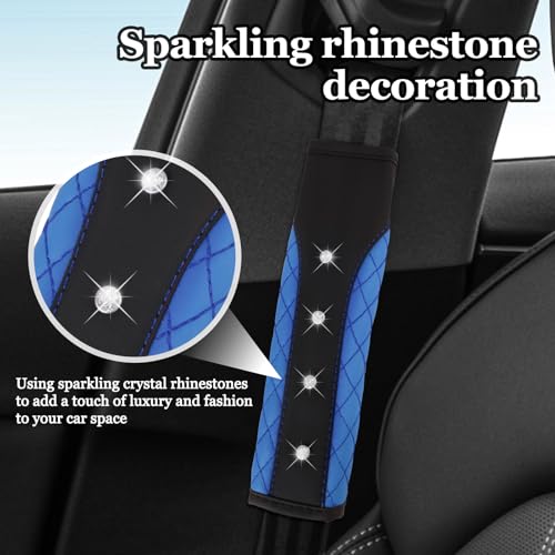 Hovom 2PCS Bling Car Seat Belt Cover Pad, Leather Seatbelt Covers for Cars, Soft Safety Seatbelt Shoulder Strap Covers, Rhinestone Auto Seat Belt Protector Cushion for Women Girls (Blue) - color: Blue