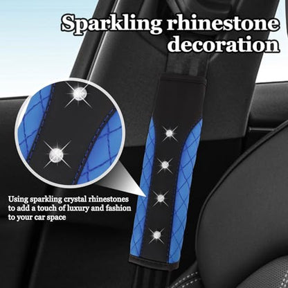 Hovom 2PCS Bling Car Seat Belt Cover Pad, Leather Seatbelt Covers for Cars, Soft Safety Seatbelt Shoulder Strap Covers, Rhinestone Auto Seat Belt Protector Cushion for Women Girls (Blue) - color: Blue