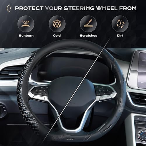 Coverado Car Steering Wheel Cover, Nappa Leather Black & Grayline Steering Wheel Covers, Universal 14-15 inch, Anti-Slip, Breathable Steering Wheel Protector for Women Men - color: C-Greyline