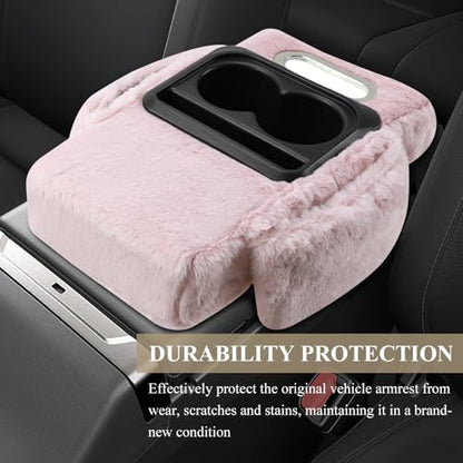 wuyaoyao Car Center Console Armrest Pillow, 13.78"×7.87"×2.76" Soft Plush Arm Rest Cover for Cars, 5-in-1 Warm Fluffy Auto Armrest Cushion Pad w/Pocket, Tissue Box, Cup Holder (Pink) - color: Pink