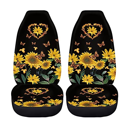 FUSURIRE Stylish Sunflower Love Print Car Seat Covers Full Set for Women, 4 Pcs Front and Rear Bench Seat Covers, Universal Auto Accessories for Most Cars Truck Van SUV - color: Sunflower Love Print