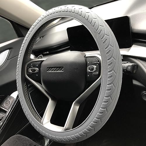 Universal Gray Steering Wheel Cover：13.5 to 15 Inches Flexible Silicone Anti Slip Steering Wheel Protector Fit for Most Car Models Including Round D Shape or Special Shape - color: Grey