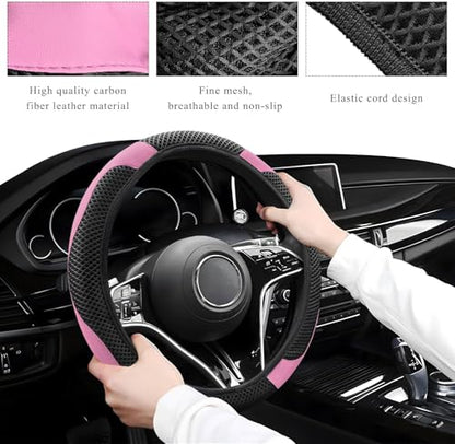 Elastic Stretch Steering Wheel Cover, Warm in Winter and Cool in Summer, Universal 15 inch Microfiber Breathable Ice Silk Anti Slip Car Interior Accessories, Odorless, (Black Pink) - color: Pink