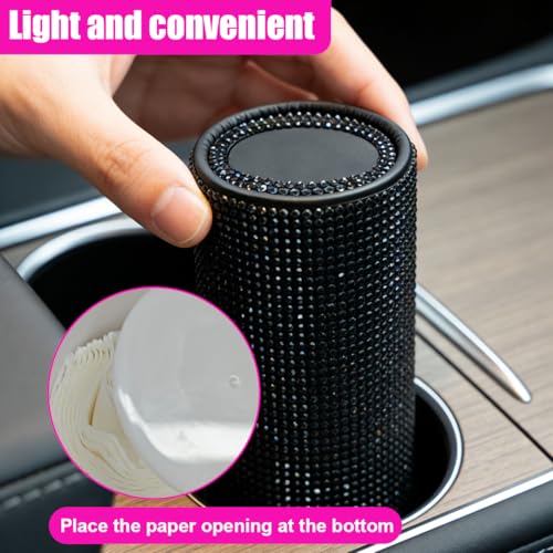 Craedli Bling Car Tissue Holder for Cup Holder, Sparkly Crystal Rhinestone Round Cylinder Car Tissue Box, Refillable Tissues Dispenser Auto Interior Paper Napkin Container with 1 Pack Tissues (Black) - color: Black