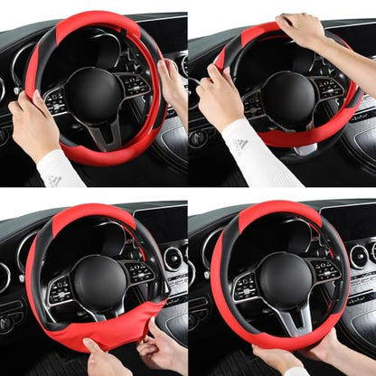 Car Steering Wheel Cover, Leather Steering Wheel Cover,Universal 15 inch Anti-Slip Comfortable Steering Wheel Covers Men Women (Red) - color: Red