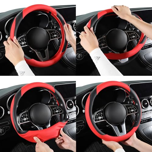 Car Steering Wheel Cover, Leather Steering Wheel Cover,Universal 15 inch Anti-Slip Comfortable Steering Wheel Covers Men Women (Red) - color: Red