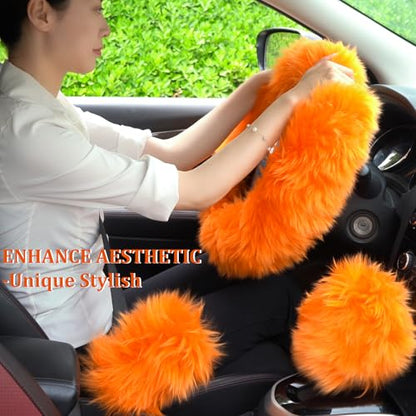 Fuzzy Genuine Sheepskin Steering Wheel Cover Set for Women Parents-Fluffy Soft Australian Merino Wool Wrap with Gear Shift and Hand Brake Covers, Cozy Stylish Luxury Car Accessories (Hot Pink) - color: Hot Pink