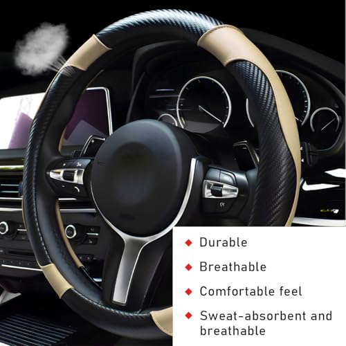 povtii Car Steering Wheel Cover, 15 Inch Leather Breathable Auto Steering Wheel Protector, Comfortable Non-Slip Vehicle Steering Wheel Covers, Universal Car Accessories (Beige, with Lining) - color: Beige, With Lining