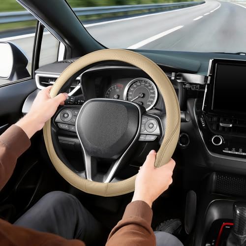 SEG Direct Steering Wheel Cover 14.5-15 inch (37-39 cm) Medium Size, Microfiber Leather, Non-Slip Comfortable Grip, Fits Cars Trucks SUVs, Beige - color: Beige, size: Standard size[14 1/2''-15'']