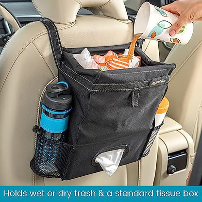 High Road Car Organizer with Car Trash Bag and Tissue Holder - Holds Full Size Tissue Box, Bottles and Wipe Containers - 2 Gal Leakproof Covered Car Trash Can with Push-Close Lid - color: Black