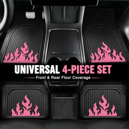 Heavy Duty Rubber Car Mats Flame Design (Rose Pink), 4-Piece Deep Waterproof Floor Mats Set (Front & Rear Full Set), All Weather Universal Trim to Fit Automotive SUV Sedan Truck - color: Rose Pink, size: Flame
