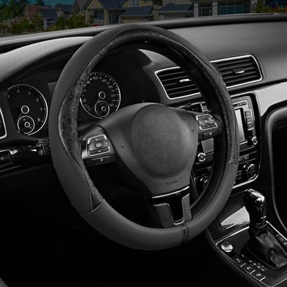 PIC AUTO Steering Wheel Cover, Black Patterned Leather Patchwork Design, Universal Fit 14.5"–15.5", Anti-Slip, Odor-Free, Soft PU Grain Leather, Durable Grip Car Accessory for Girls & Women