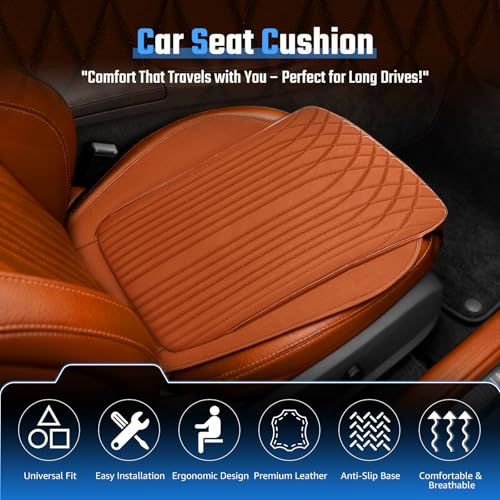 Car Seat Cushion, Nappa Leather Ventilation Hole Breatheable Design for Driver Passenger, All-Season Anti-Slip Bottom Seat Cover,19.49in x 21.26in (1 Piece/Orange)
