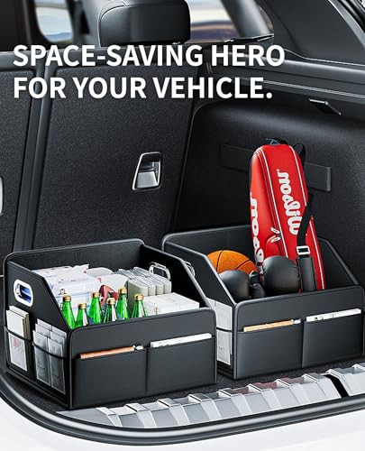 Car Storage Basket, Foldable with Removable Dividers, PU Leather Seat Organizer with Metal Handle, Non-Slip Stable Design, Passenger Front Seat Storage for Back Seat & Floor, 12.6 Inches