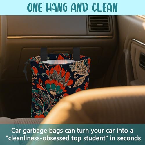 Car Garbage Bag Abstract Red and Green Flowers Hanging Canvas Car Trash Bag Drawstring Car Back Seat Organizer for Car Back Front Seat Console with Adjustable Buckle - color: Abstract Red and Green Flowers