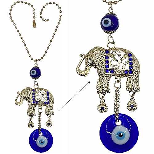 LUCKBOOSTIUM Gold Elephant with Evil Eye Beads in Blue, White & Black Resin w/Rhinestones in Ball Chain–Charms & Protective Car Hanging Ornament for Rear View Mirror, Keychain, Bag& Home/Office Decor - color: Gold Finish